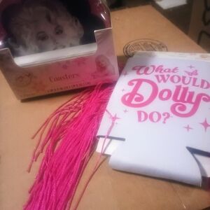 Pink and White Dolly Parton Coasters and Koozie